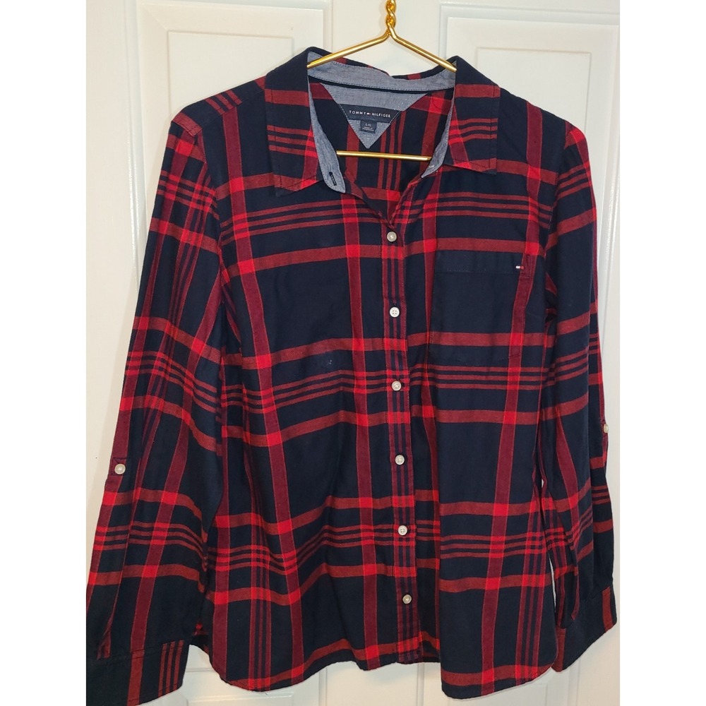 Tommy Hilfiger Women Red Navy Flannel Plaid Button-Down Top Shirt Lg FancyChore